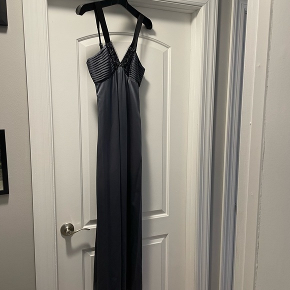 BCBGMaxazria Satin Gunmetal Beaded Maxi Gown Size 2 - Picture 1 of 7